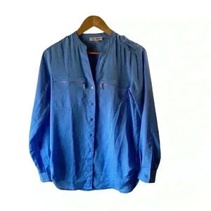 Calvin Klein Women's Royal Blue Roll Up 3/4 Sleeves Button Down Blouse Shirt XS